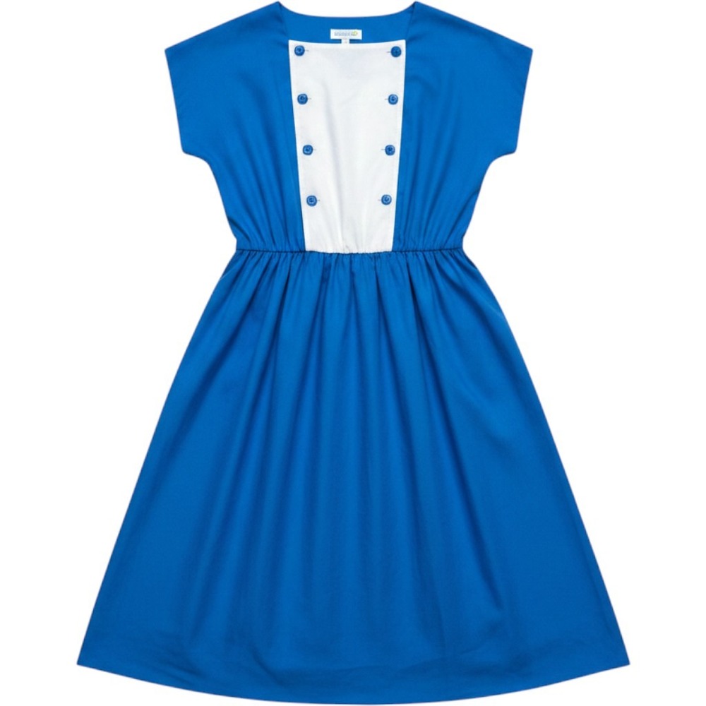 Reigning Beauty Vintage Blue White Bib Front Midi Dress Short Sleeve Size 14